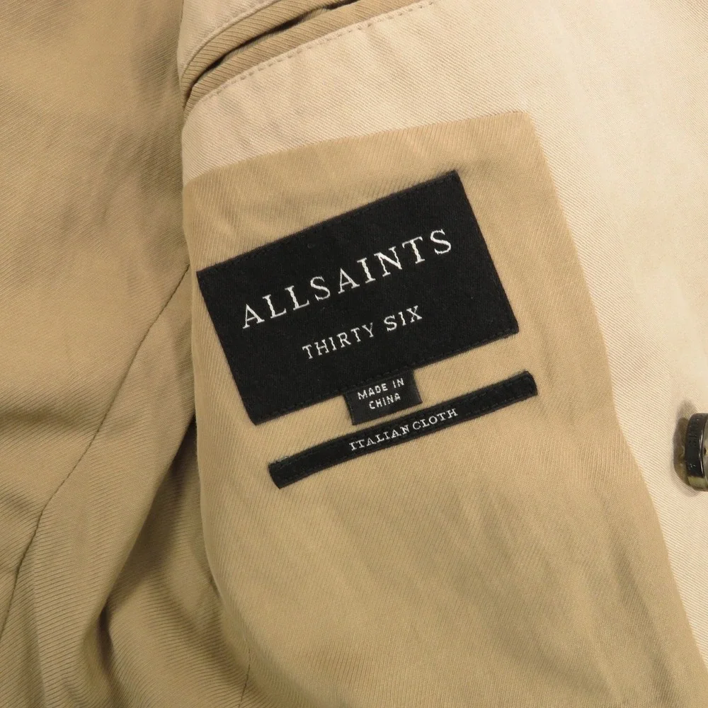 AllSaints Blazer 36R Linen Cotton Double Breasted Surgeon Cuffs Tan Jacket Mens